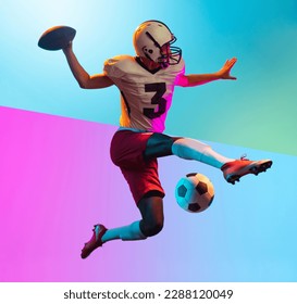 Composite image of man doing different kinds of male sport soccer, american football over multicolored background in neon light. Active lifestyle, sport, health, male hobby, activity, ad concept - Powered by Shutterstock