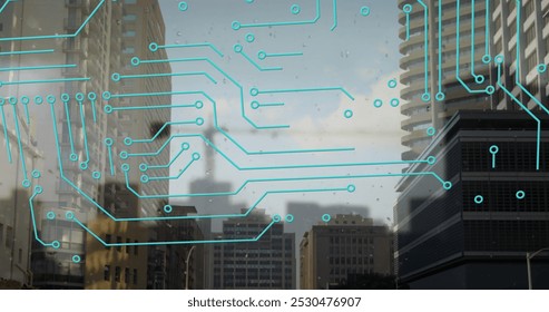 Composite image of microprocessor connections against tall buildings in background. Global networking and technology concept