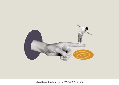 Composite image montage trend artwork 3D collage of huge hand showing finger point young guy stand balance confused abyss solve problem - Powered by Shutterstock