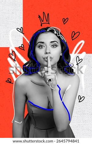Composite image montage trend artwork collage of young lady sexy figure stand hand gesture finger show keep silence heart crown princess