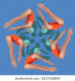 Composite image. Optical illusion of synchronized divers in red swimsuits creating spiraling movement on textured blue background. Concept of summer, vacation, holidays, sport, fashion and style.