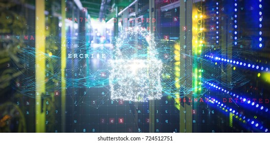 Composite image of padlock and malware detected against view of data technology