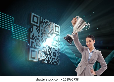 Composite image of portrait of a businesswoman showing a cup