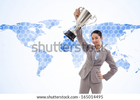 Composite image of portrait of a businesswoman showing a cup