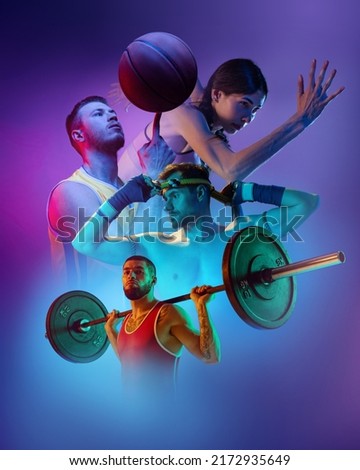 Composite image with professional sportsmen, runner and basketball players, weightlifter over purple smoky background. Advertising, sport, healthy lifestyle, motion, activity, movement concept.