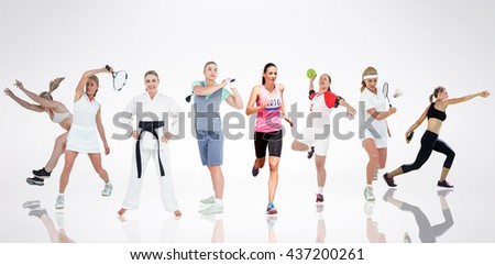 Similar – Close up front portrait of three young and middle age athletic women in sportswear in gym over dark background, looking at camera