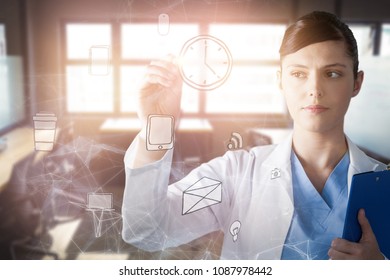 Composite Image Of Scientist Writing On Glass Wall