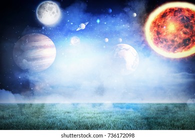 Composite image of solar system against white background against night sky in 3d
