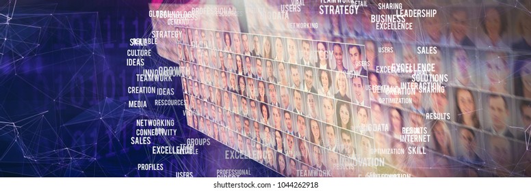 Composite image of sphere of skills against portrait collage very wide perspective - Powered by Shutterstock - Get 15% off with code: PIKWIZARD15