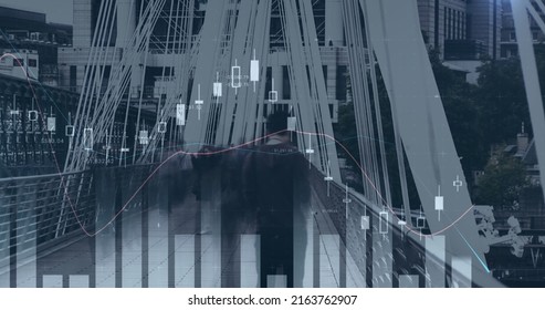 Composite image of statistical data processing against time lapse of people walking on the bridge. business and technology concept