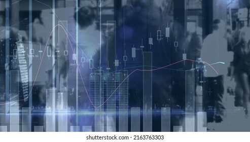 Composite Image Of Statistical Data Processing Against Time Lapse Of People Walking On The Street. Business And Technology Concept