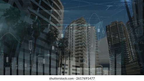 Composite image of statistical data processing and mathematical equations against tall buildings. global business and technology concept