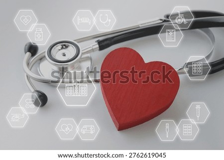 A composite image of a stethoscope, a heart object, and medical icons