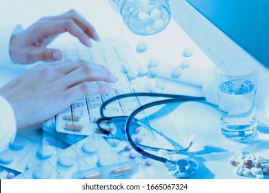 Composite image of stethoscope, medicine and personal computer