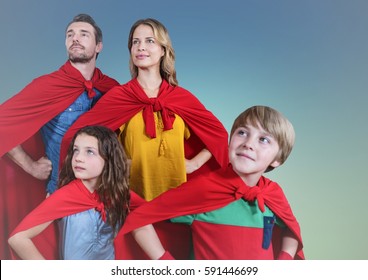 Composite Image Of Super Family Wearing Red Cape Standing With Hand On Hip Against Clear Sky Background