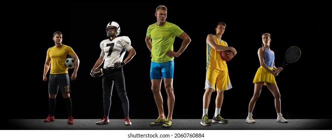 Composite image with tennis, soccer, volleyball, american football players standing like team isolated on black background. Concept of power, sport, competition and achievements. Look confident - Powered by Shutterstock