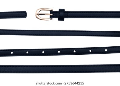 Composite image of a thin black leather belt with a gold buckle and adjustment holes