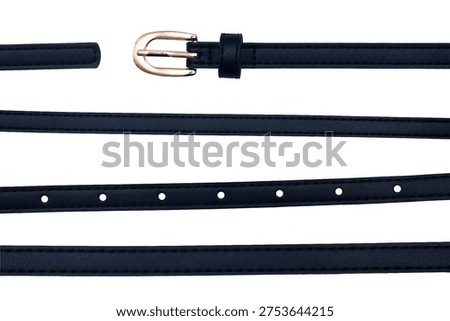 Composite image of a thin black leather belt with a gold buckle and adjustment holes