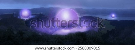 Composite image. Three floating luminescent spheres in misty valley creating mysterious atmosphere with soft purple glow. Concept of surreal energy, futuristic style, nature, alien presence.
