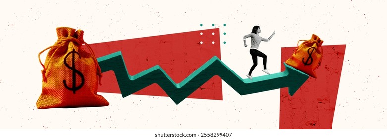 Composite image trend artwork 3D collage of charts business trader success money budget earnings dollars young lady achieve goal go arrow