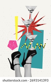 Composite image trend artwork collage of woman legs high heel hols pile martini glass rest weekend event leisure celebrate drink cocktail