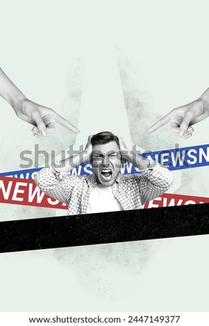 Composite image trend collage of black white silhouette angry man suffer from headache hold hold on head fingers reach out many bad news