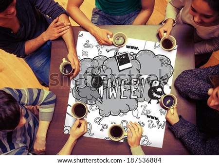 Composite image of tweet doodles on page with people sitting around table drinking coffee