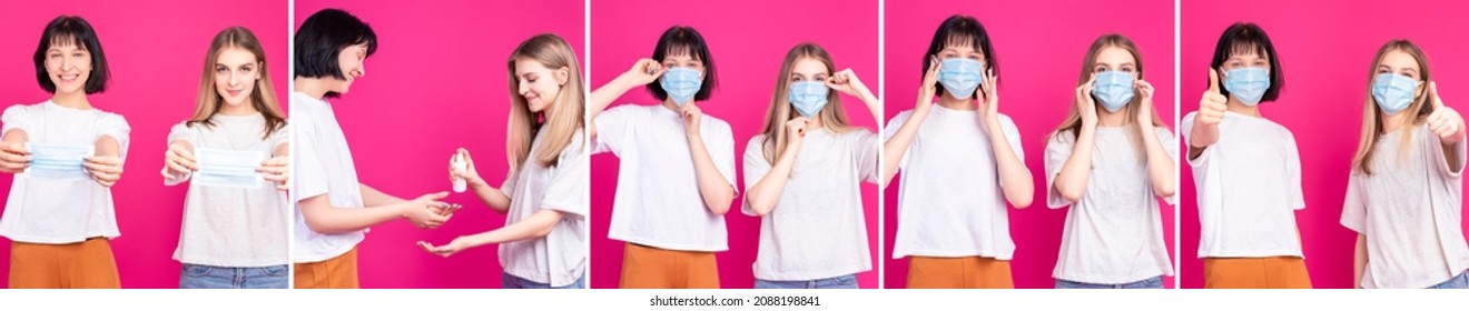 Composite Image of Two Positive Young Girlfriends Demonstrating Hands Disinfetion and Applying Surgical Mask Against Pink Background. Horizontal Orientation - Shutterstock ID 2088198841