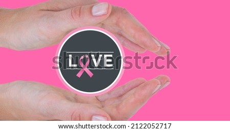 Composite image of woman with love text and breast cancer awareness slogan on pink background. breast cancer awareness campaign, copy space and vector concept.