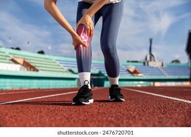 Composite image of a woman running in a track and field holding her sore knee due to arthritis and an x-ray bone - Powered by Shutterstock