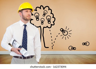 Composite image of young architect posing with hard hat and plan