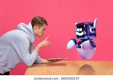 Composite image of young man interacting with 3D model of robot and tablet. Collaboration between artificial intelligence and human knowledge. Concept of innovation, technologies, human and robots