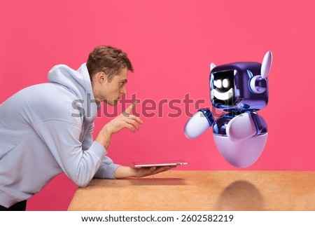 Composite image of young man interacting with 3D model of robot and tablet. Collaboration between artificial intelligence and human knowledge. Concept of innovation, technologies, human and robots
