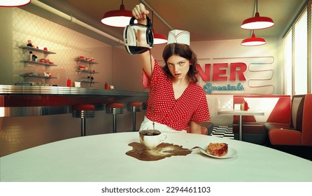 Composite image with young woman, waitress in 70s retro fashion uniform sitting at table with coffee on 3D model of diner interior, restaurant. Cheeky behavior. Concept of food, cafe, service, ad