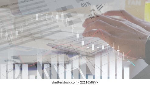 Composite Of Infographic Interface Over Cropped Hands Of Businessperson Typing On Keyboard. Multiple Exposure, Report, Database, Finance, Entrepreneur, Investment And Technology Concept.