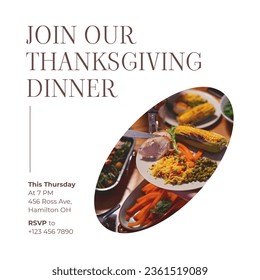 Composite of join our thanksgiving dinner text over food at dinner table. Thanksgiving, american tradition and celebration, autumn, fall concept digitally generated image. - Powered by Shutterstock