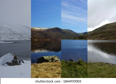 A composite landscape image of Loch Callater in the Scottish Highlands.  4 panels depict the same scene in each of the seasons.  From left to right there is Winter, Spring, Summer and finally Autumn.