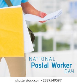 Composite of midsection of caucasian postal worker holding mails and national postal worker day text. national postal worker day, delivery, mail and appreciation concept. - Powered by Shutterstock