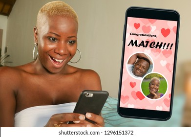 composite with mobile phone and young beautiful and happy black afro American woman using online dating app excited in match with a handsome guy in internet relationship and love 