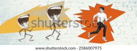 Composite panoramic art 3d image collage of scared man run monster mouth scream offender pressure freak problem abuse harassment