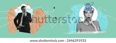 Composite panoramic collage of astonished girl brainstorm idea dilemma thought serious businessman minded isolated on painted background