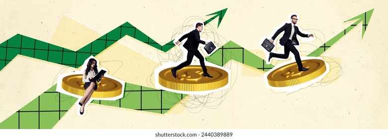 Composite panoramic collage of successful unity colleagues run gold coin organization coworking arrow isolated on painted background