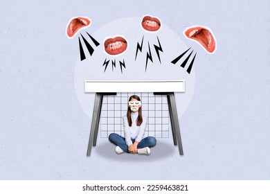 Composite photo artwork collage of little schoolgirl sitting hiding under desk mouths screaming bullying isolated on gray color background - Powered by Shutterstock