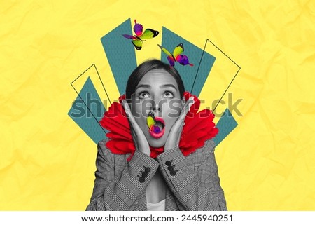 Composite photo collage of amazed girl butterfly fly open mouth spring insect red flower gerbera neck fairy isolated on painted background