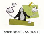 Composite photo collage of angry businesswoman scream work failure pile crumpled paper trouble project isolated on painted background