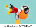 Composite photo collage of angry female mouth lips scream megaphone peek chrysanthemum flowers spring holiday isolated on painted background