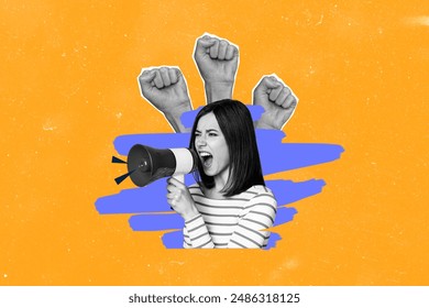 Composite photo collage of angry girl hold megaphone fist gesture crowd rebellion strike activist vote isolated on painted background - Powered by Shutterstock