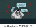 Composite photo collage of angry scream man tear hair receive bullying message depression mood hate stereotype isolated on painted background