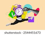 Composite photo collage of anonym overweight girl do twine stretching time instead head alarm clock hand pen isolated on painted background