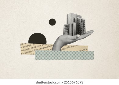 Composite photo collage of architect hand palm hold city building apartment urban immigration isolated on painted background